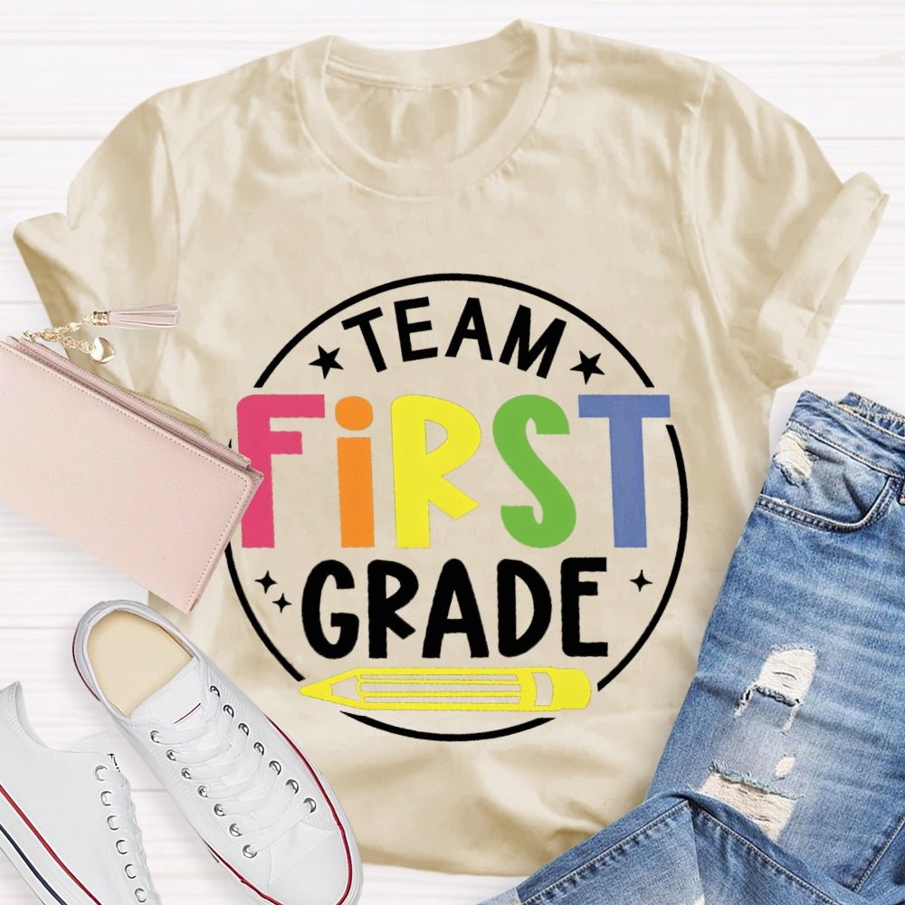 Personalized Grade First Grade Team Yellow Pencil Teacher T-shirt