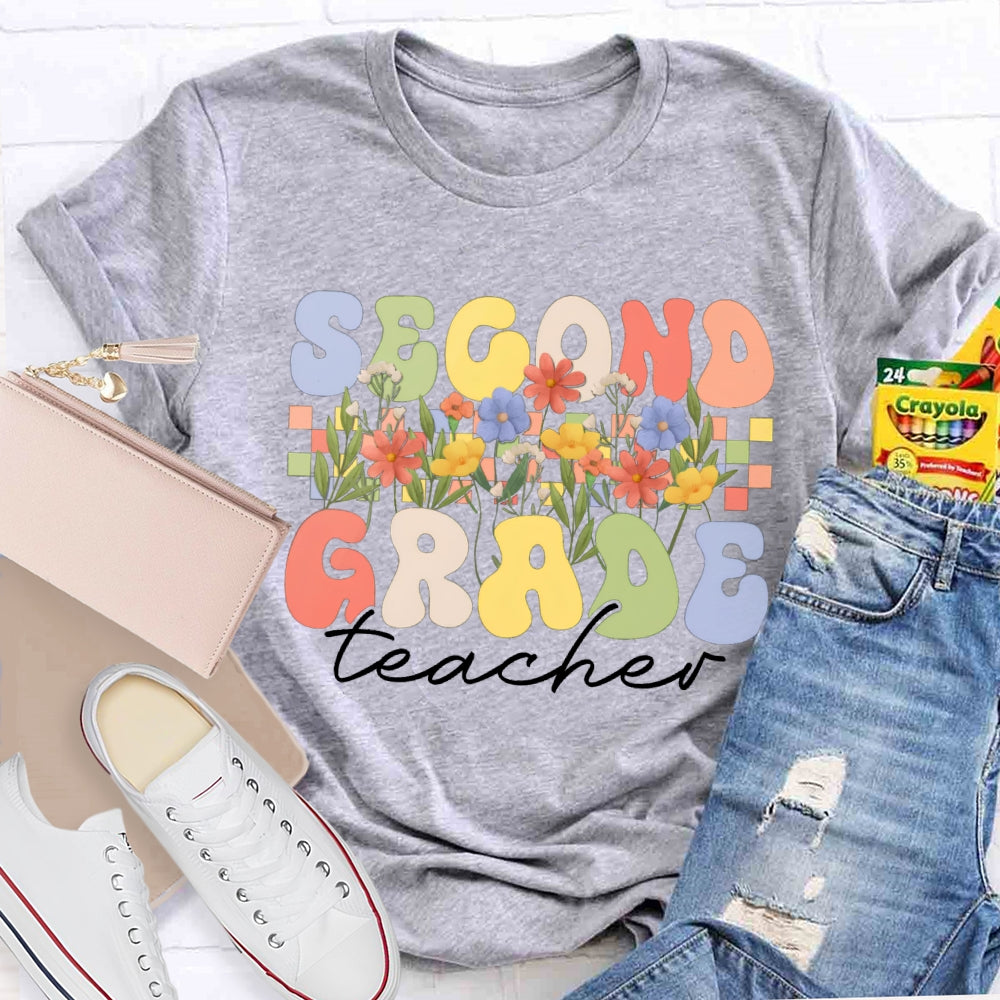 Personalized Grade Second Grade Teacher A Row Of Bouquets T-shirt