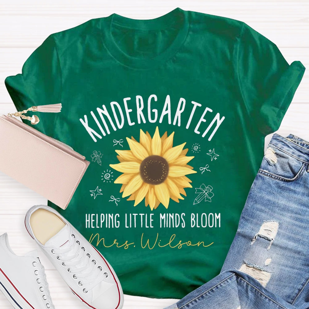 Personalized Name And Grade Kindergarten Helping Little Minds Bloom T-shirt