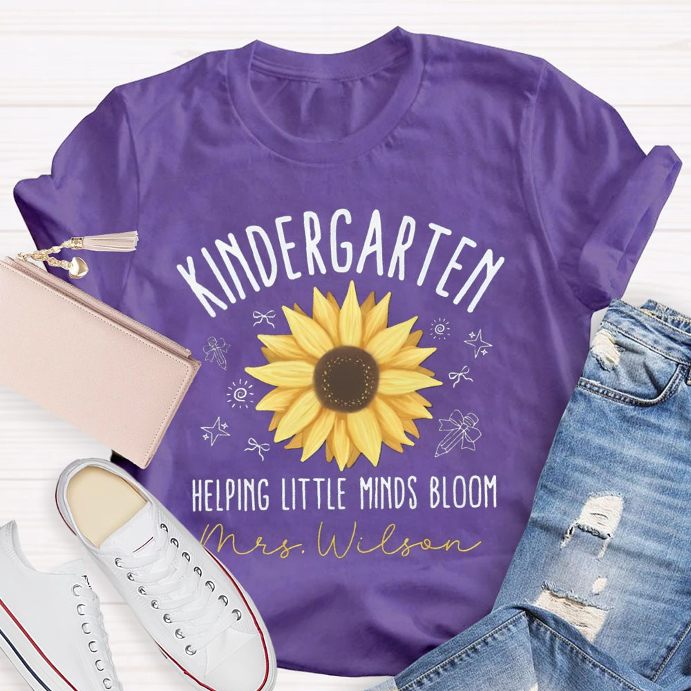 Personalized Name And Grade Kindergarten Helping Little Minds Bloom T-shirt