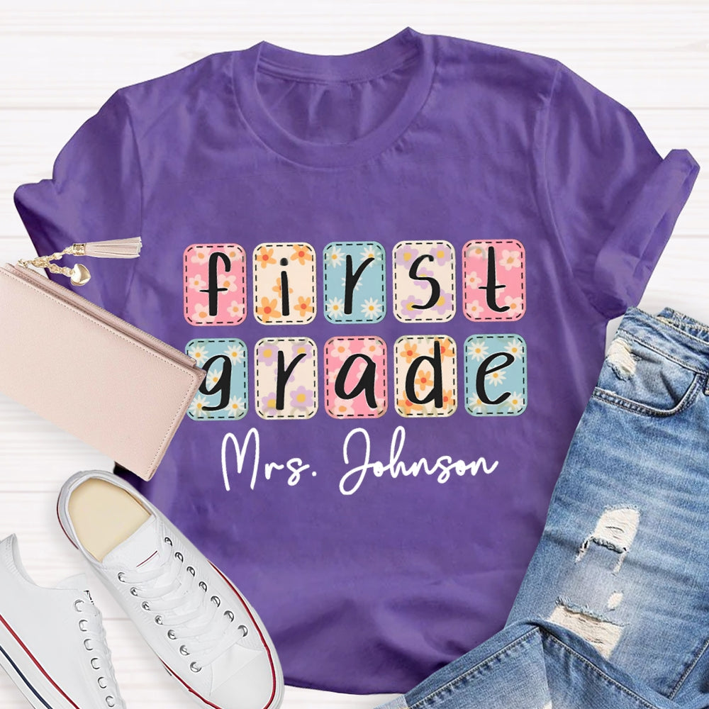 Personalized Name And Grade First Grade Colorful Square Tie-Dye Print T-shirt
