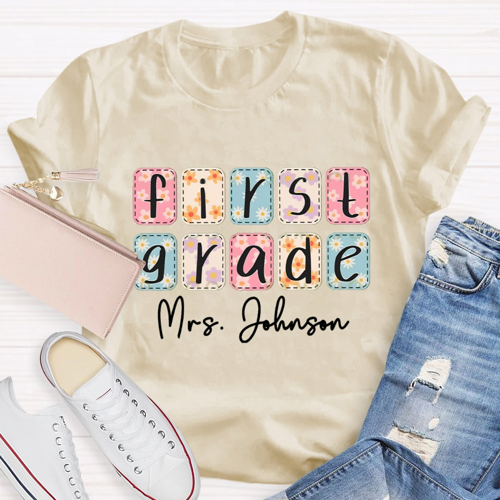 Personalized Name And Grade First Grade Colorful Square Tie-Dye Print T-shirt