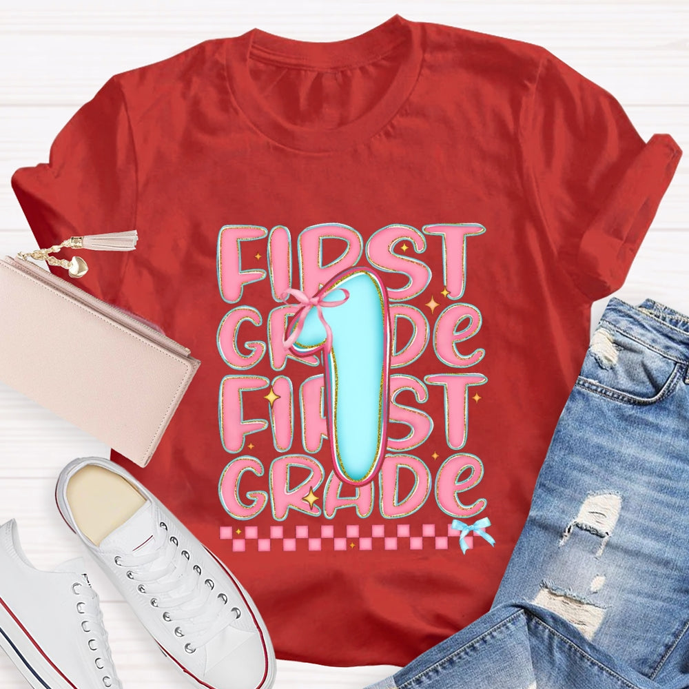 Personalized Grade First Grade Pink Small Square Teacher T-shirt