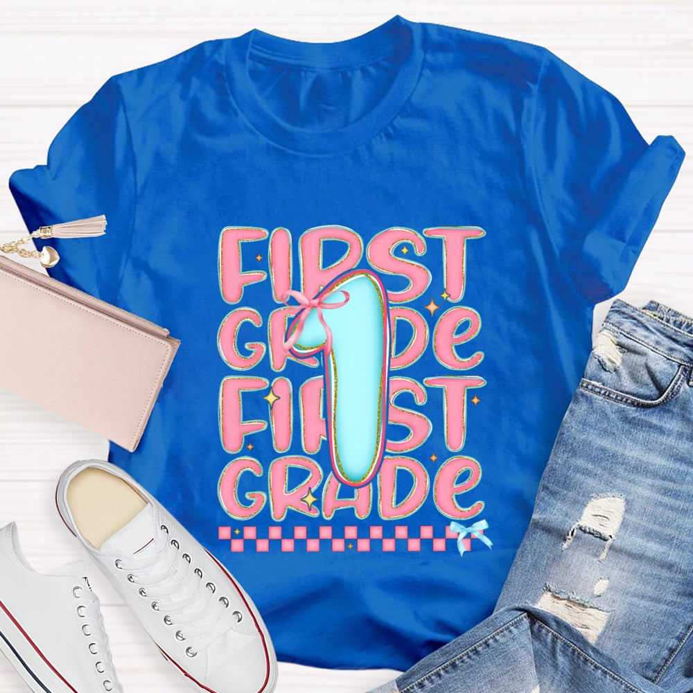 Personalized Grade First Grade Pink Small Square Teacher T-shirt
