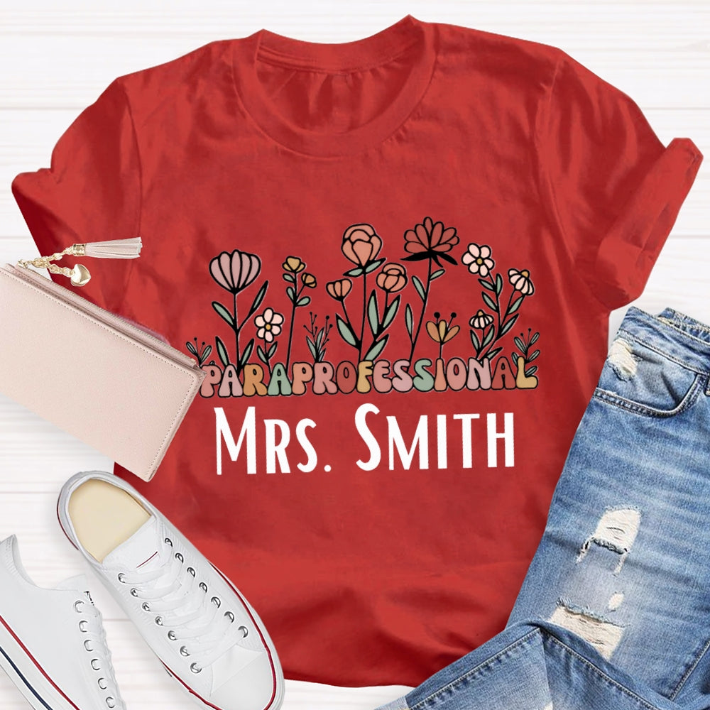Personalized Name Paraprofessional Teacher Floral Printed T-shirt