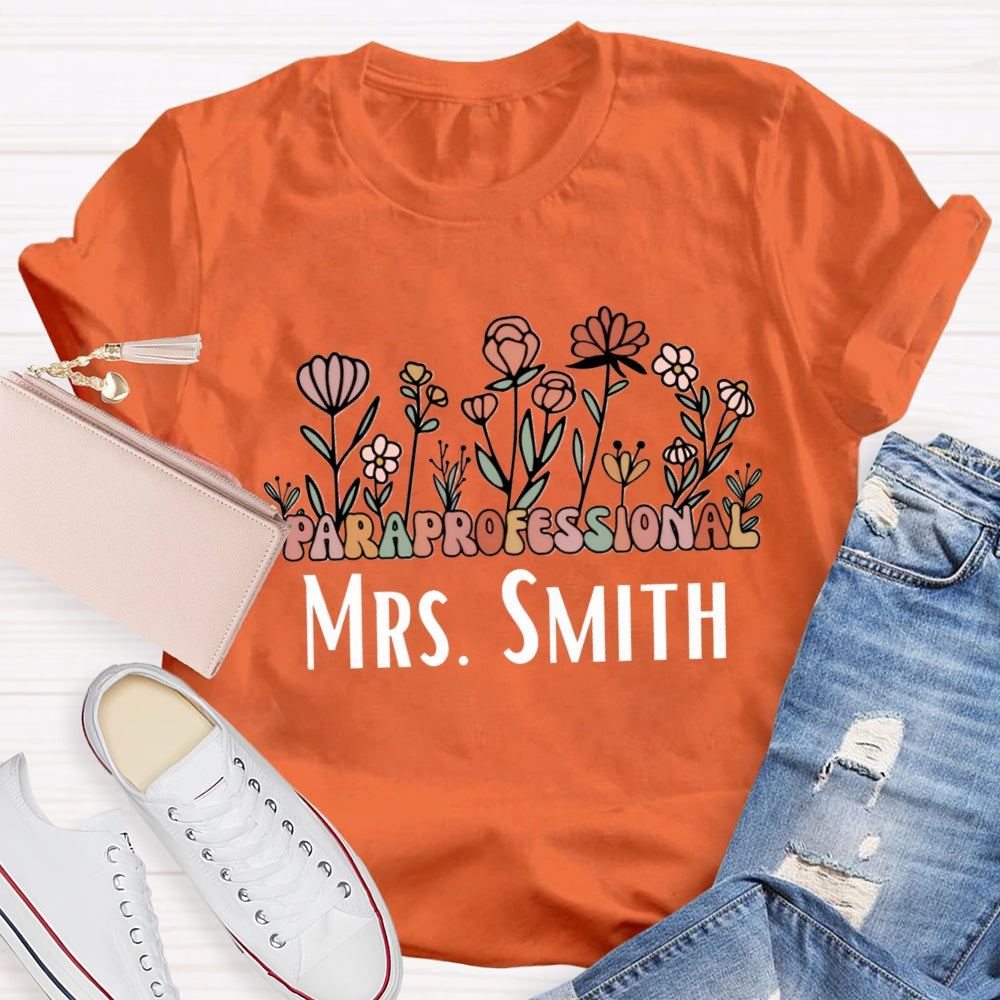 Personalized Name Paraprofessional Teacher Floral Printed T-shirt