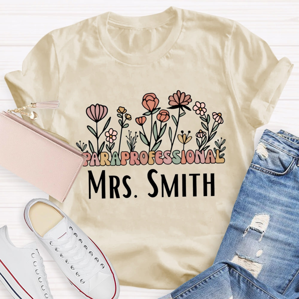 Personalized Name Paraprofessional Teacher Floral Printed T-shirt