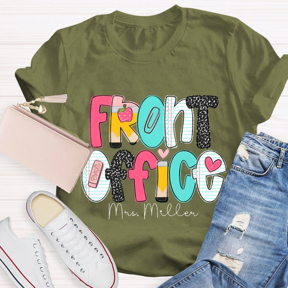 Personalized Name Front Office  Pink Heart Teacher T-shirt