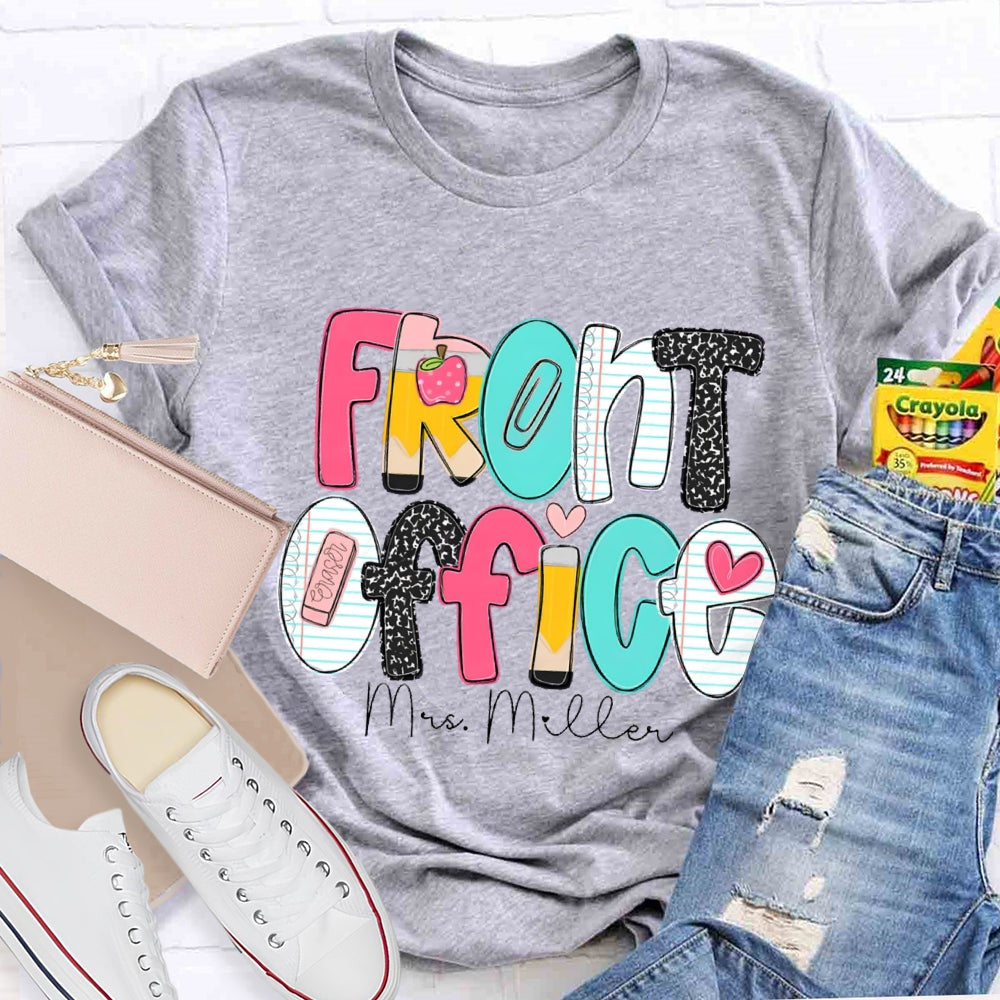 Personalized Name Front Office  Pink Heart Teacher T-shirt