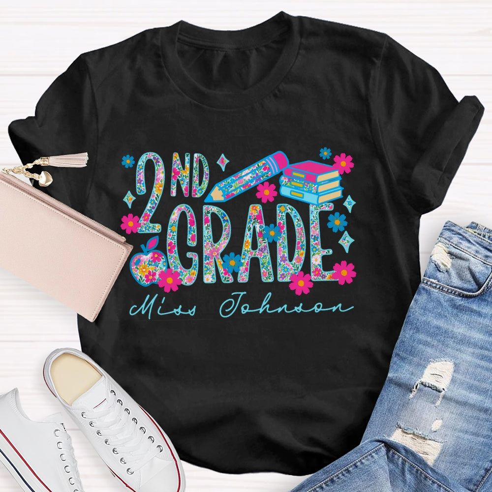 Personalized Name And Grade Second Grade Colorful Tie-Dye Print And Pink Flowers T-shirt