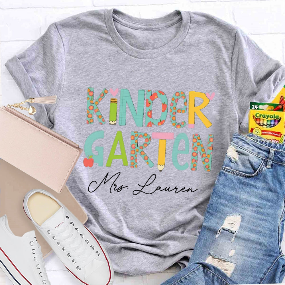 Personalized Name Kinder Garten Tie Dye Apple Letters Teacher T-shirt
