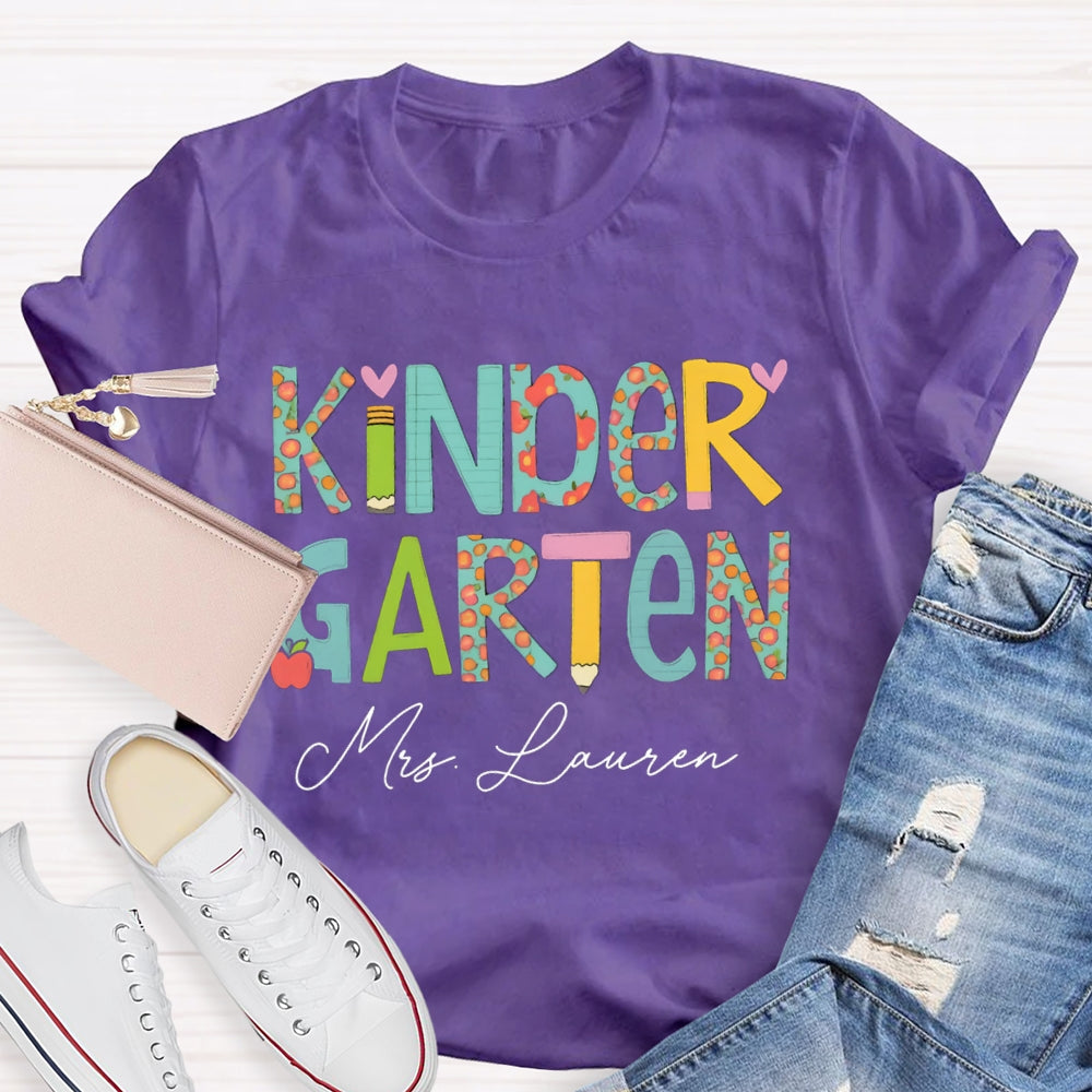 Personalized Name Kinder Garten Tie Dye Apple Letters Teacher T-shirt