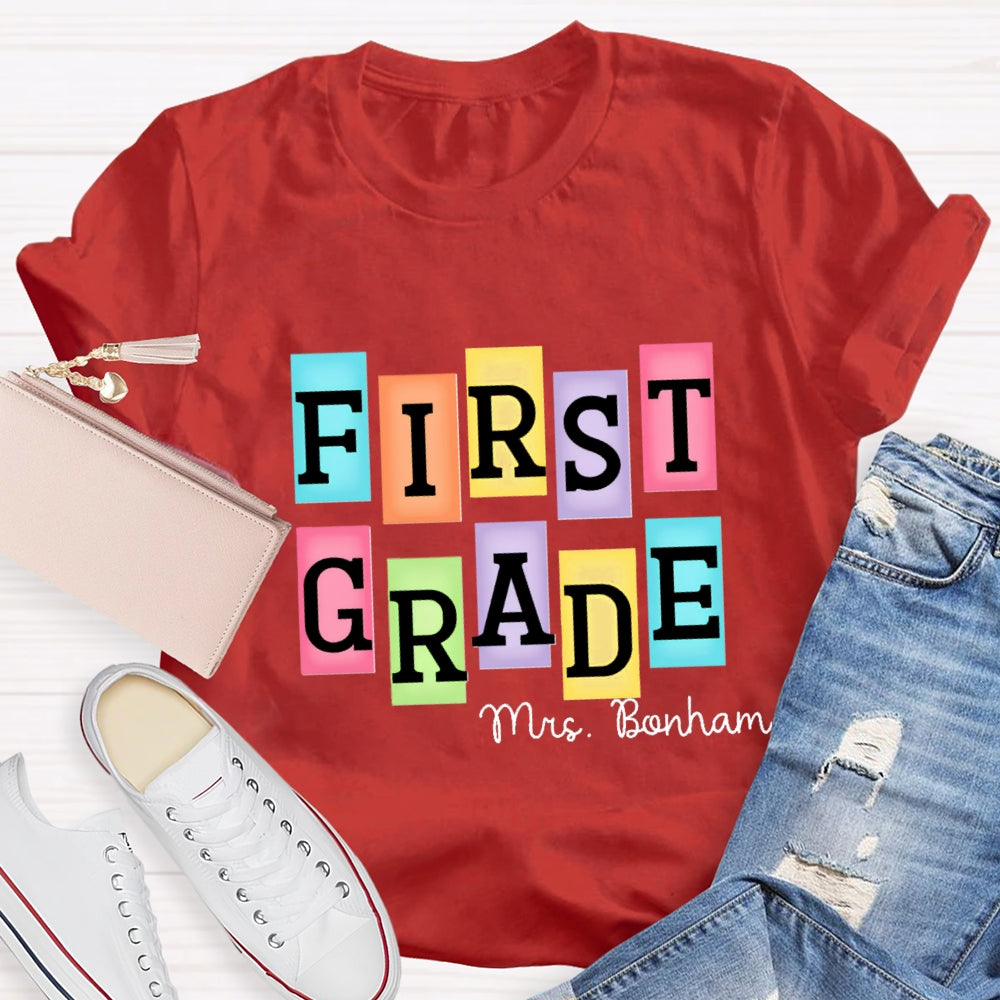 Personalized Grade And Name Colourful Rectangular Print T-Shirt