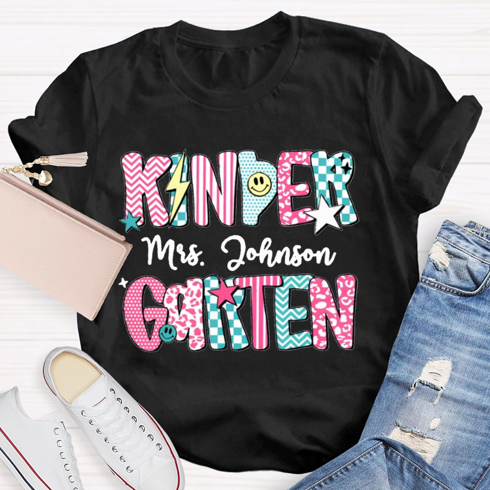 Personalized Kinder Garten Teacher Name Striped Geometric Design Text T-Shirt