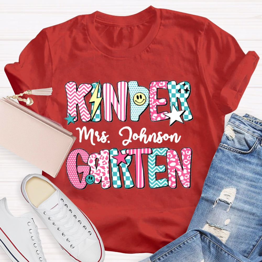 Personalized Kinder Garten Teacher Name Striped Geometric Design Text T-Shirt