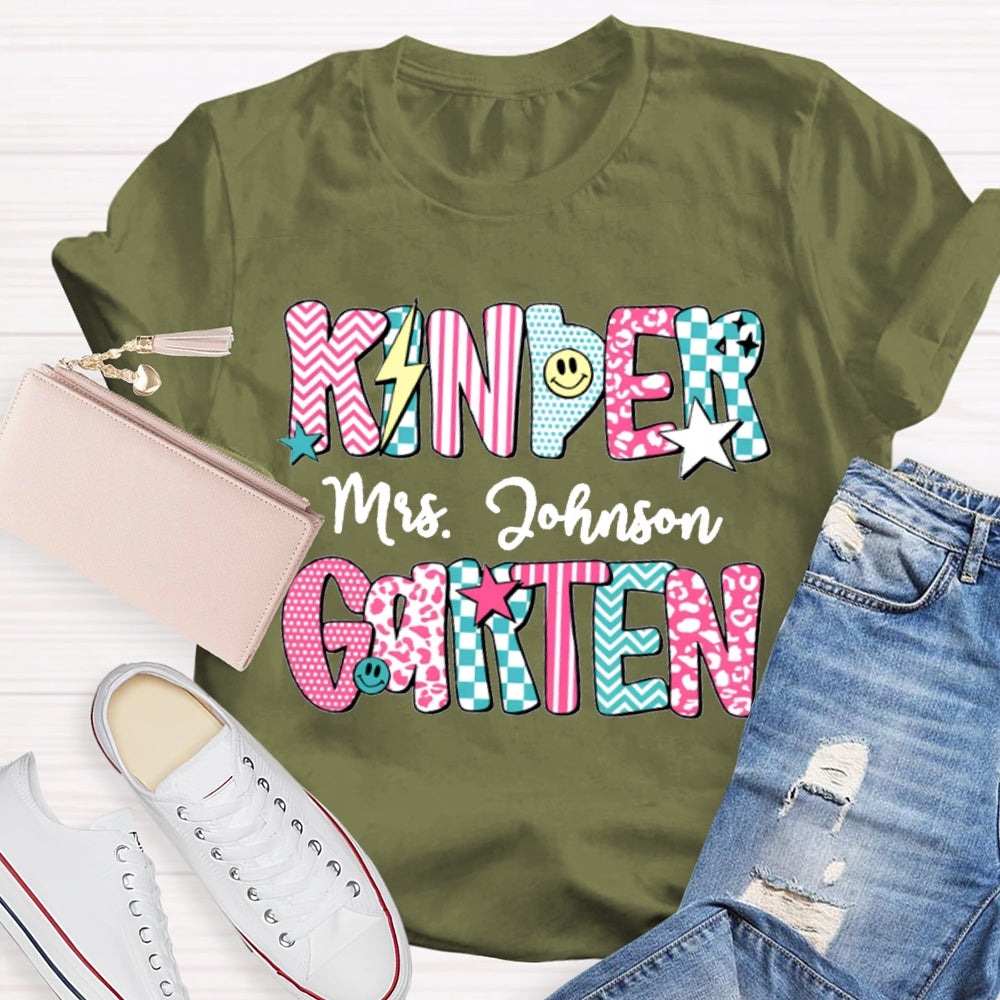 Personalized Kinder Garten Teacher Name Striped Geometric Design Text T-Shirt