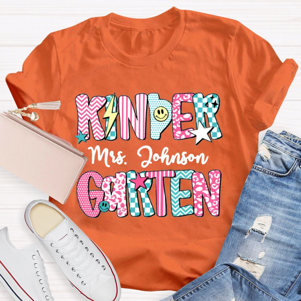 Personalized Kinder Garten Teacher Name Striped Geometric Design Text T-Shirt