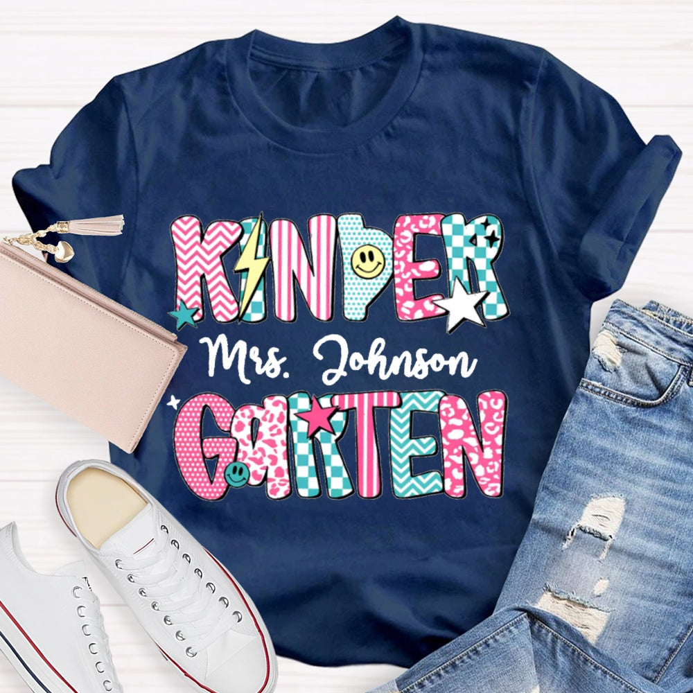 Personalized Kinder Garten Teacher Name Striped Geometric Design Text T-Shirt