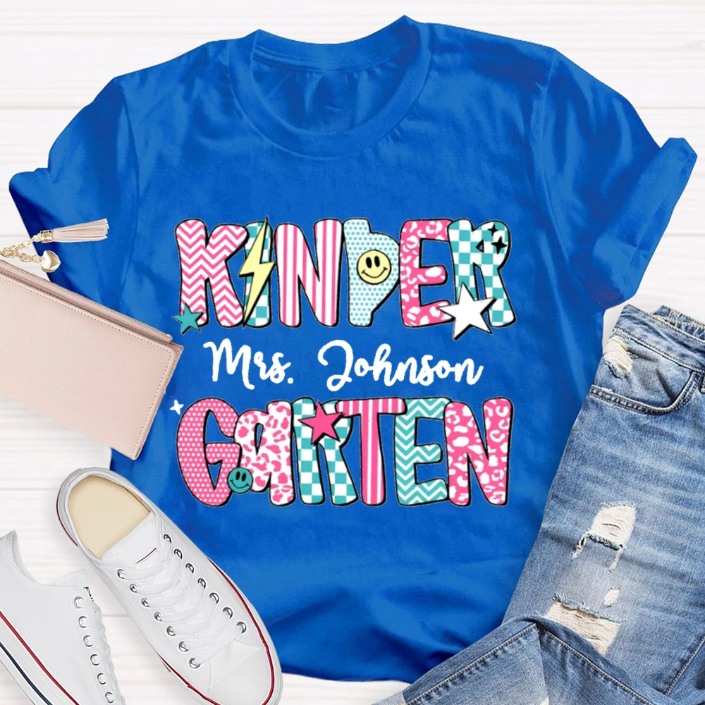 Personalized Kinder Garten Teacher Name Striped Geometric Design Text T-Shirt