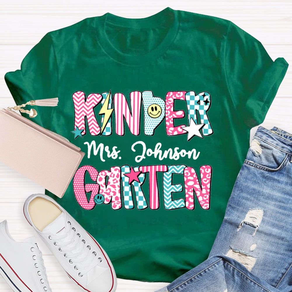 Personalized Kinder Garten Teacher Name Striped Geometric Design Text T-Shirt