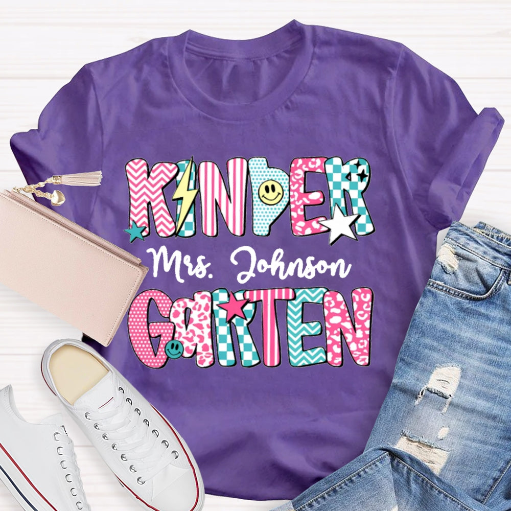 Personalized Kinder Garten Teacher Name Striped Geometric Design Text T-Shirt