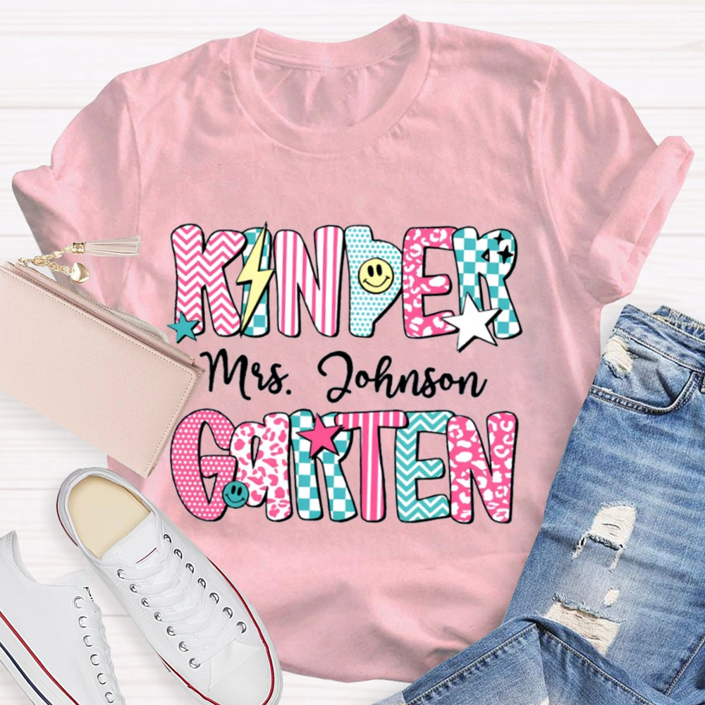 Personalized Kinder Garten Teacher Name Striped Geometric Design Text T-Shirt