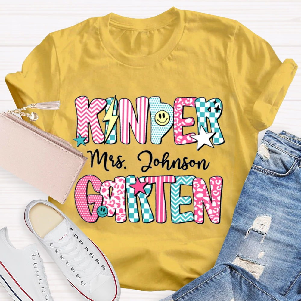Personalized Kinder Garten Teacher Name Striped Geometric Design Text T-Shirt