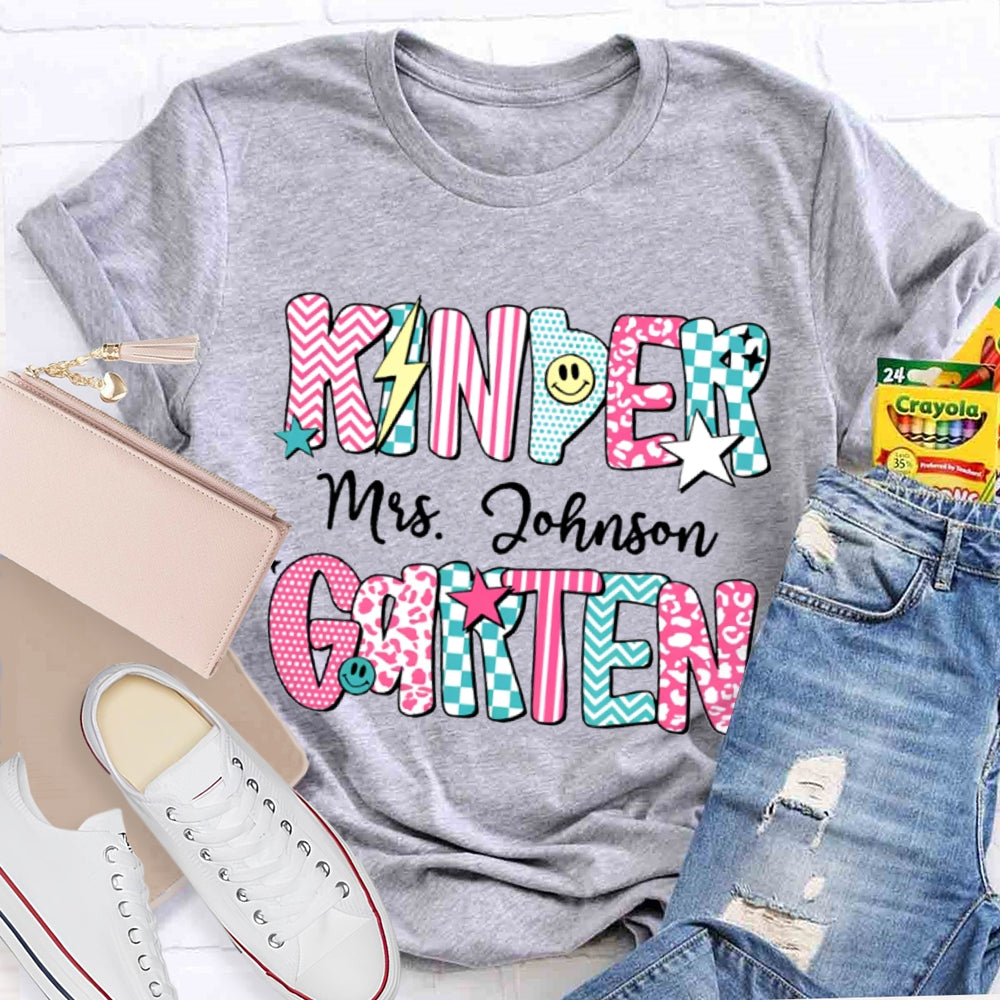 Personalized Kinder Garten Teacher Name Striped Geometric Design Text T-Shirt