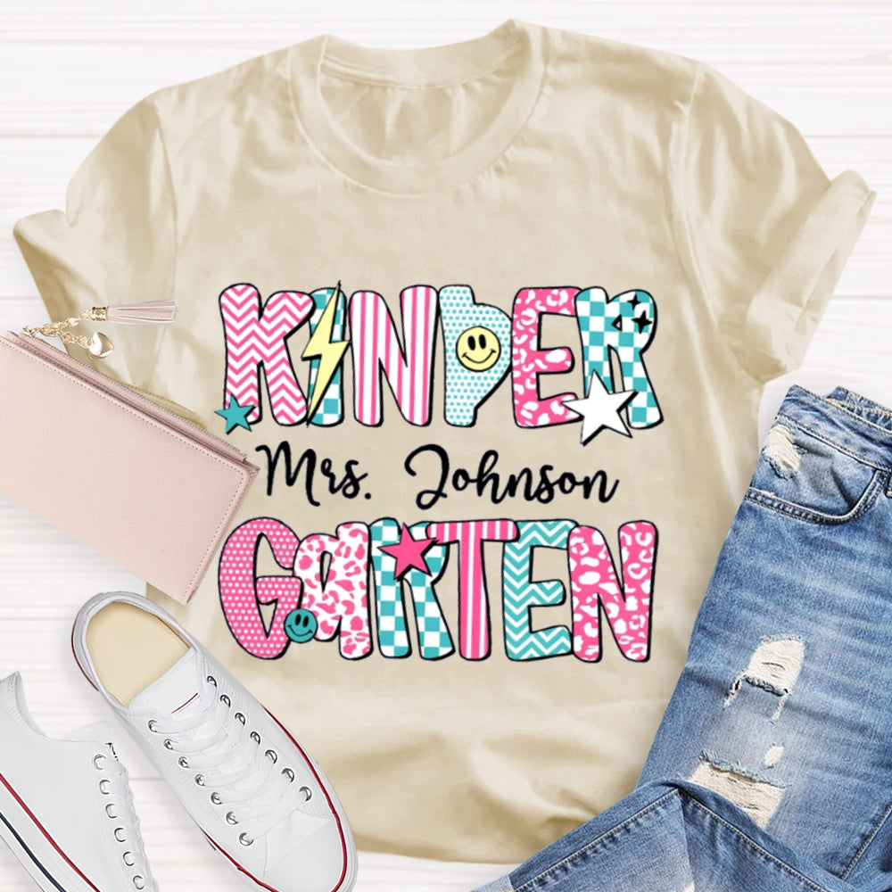 Personalized Kinder Garten Teacher Name Striped Geometric Design Text T-Shirt