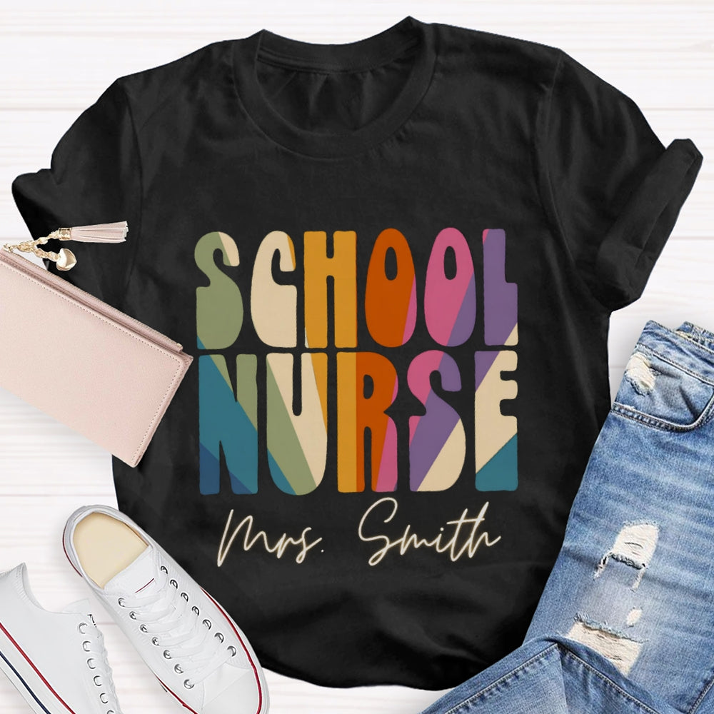 Personalized Name School Nurse Colorblock Letter Print T-shirt
