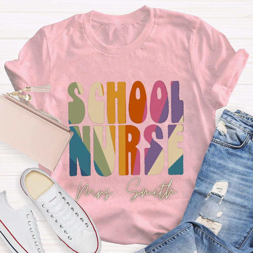 Personalized Name School Nurse Colorblock Letter Print T-shirt
