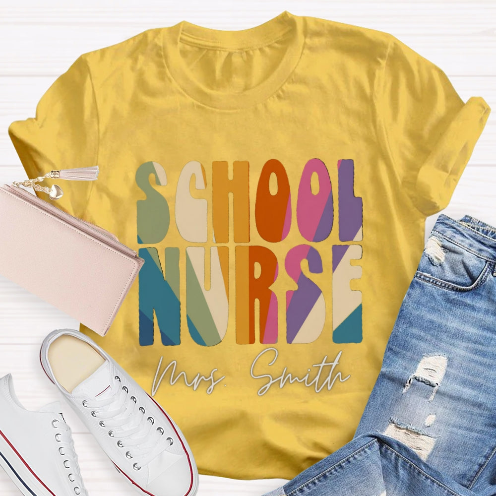 Personalized Name School Nurse Colorblock Letter Print T-shirt