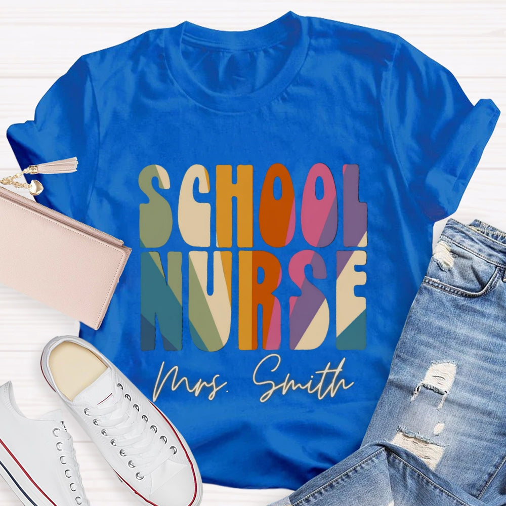 Personalized Name School Nurse Colorblock Letter Print T-shirt