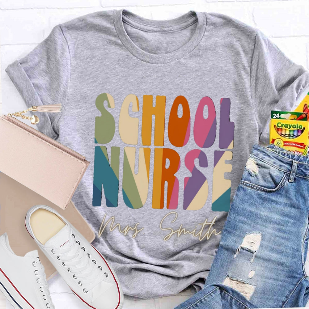 Personalized Name School Nurse Colorblock Letter Print T-shirt