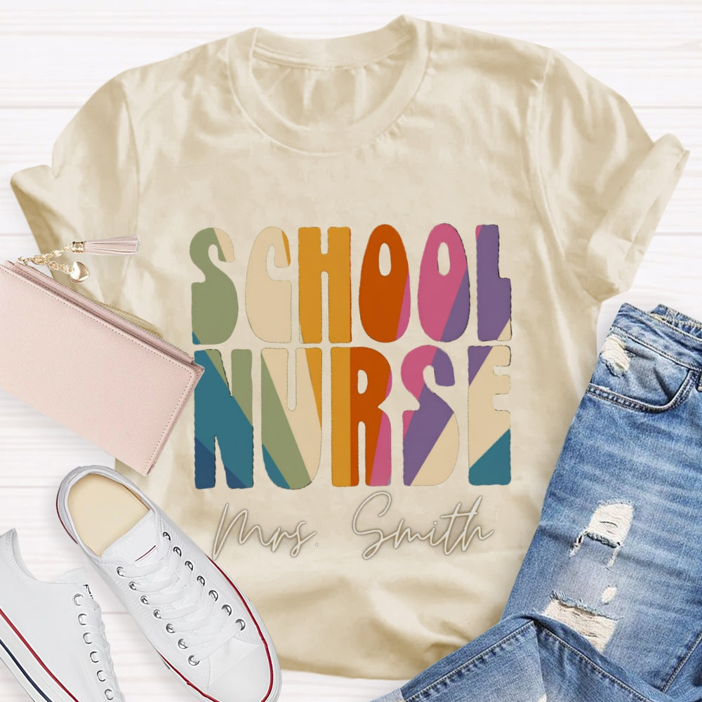 Personalized Name School Nurse Colorblock Letter Print T-shirt