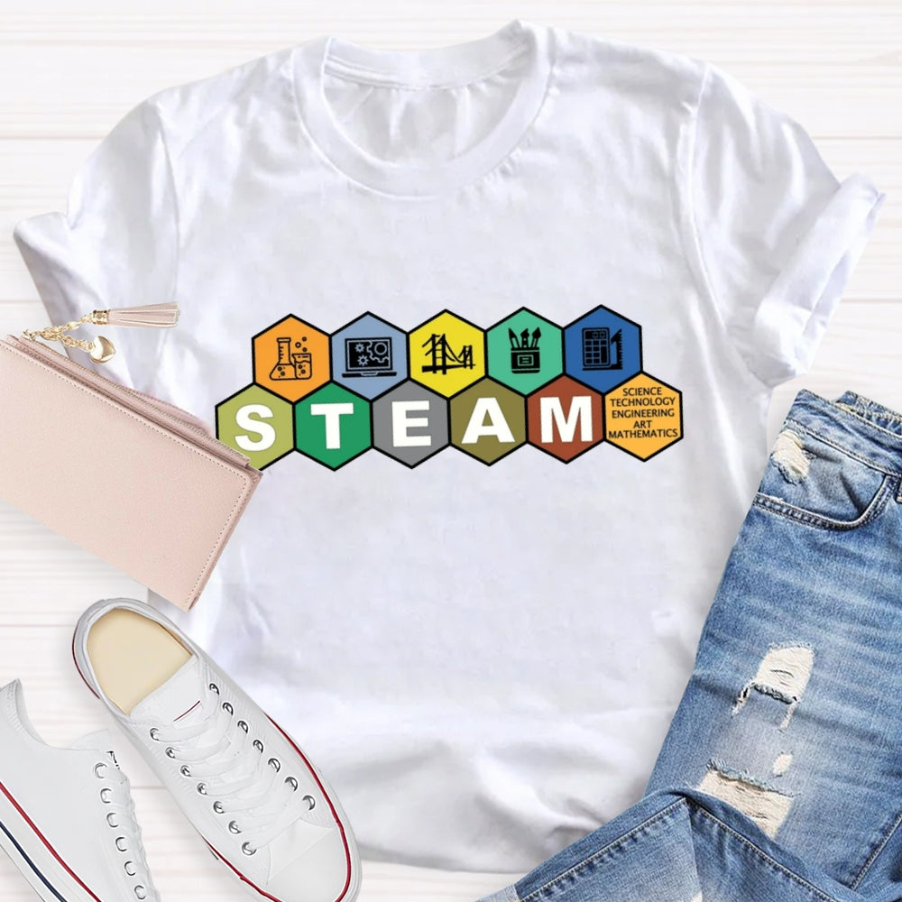 STEAM Science Technology Engineering Art Math Colorful Pentagon T-Shirt