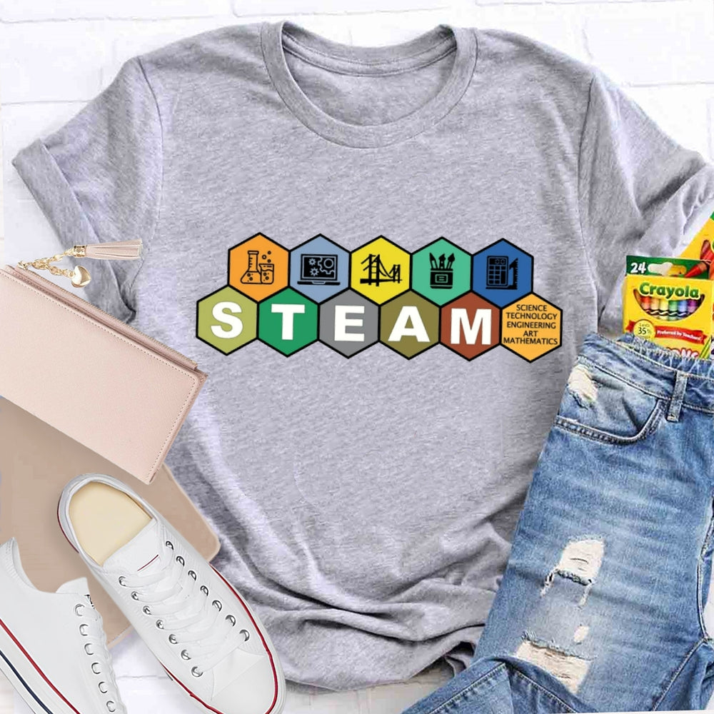 STEAM Science Technology Engineering Art Math Colorful Pentagon T-Shirt