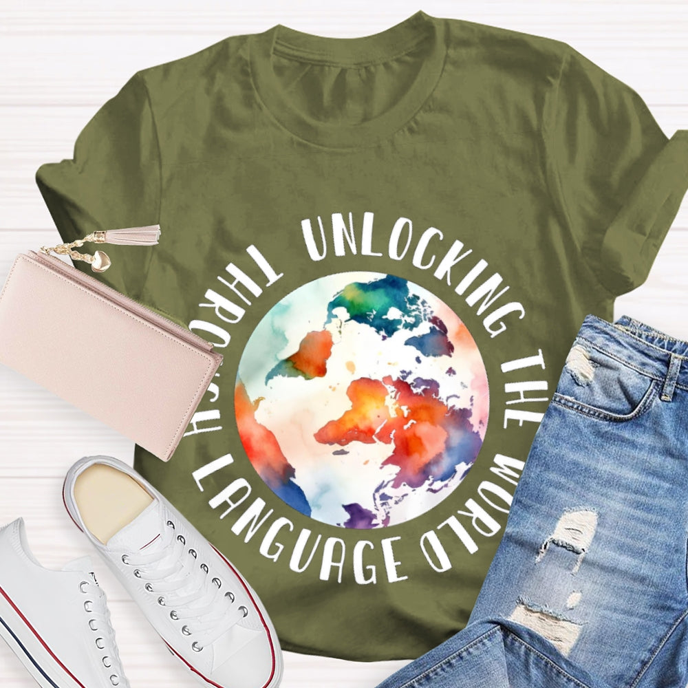 Unlocking the World Through Language Watercolor Earth T-shirt