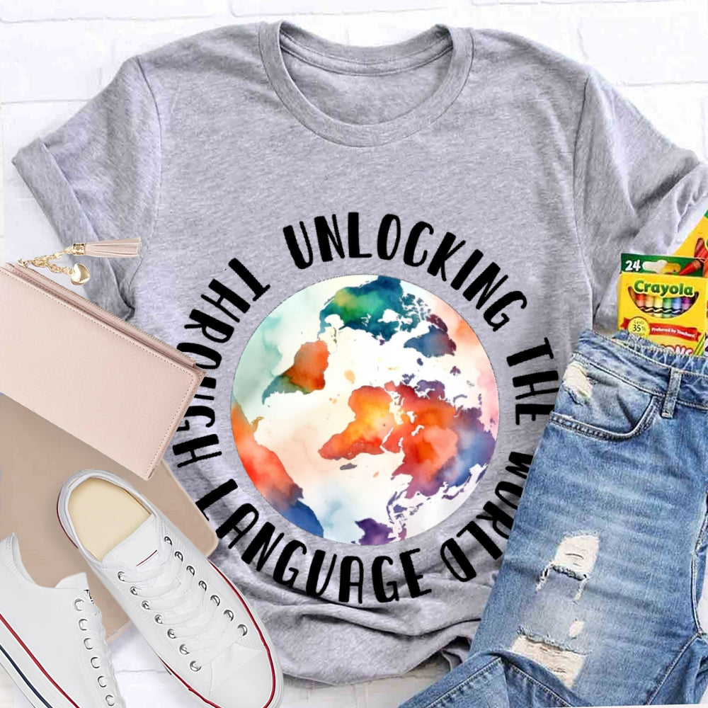 Unlocking the World Through Language Watercolor Earth T-shirt
