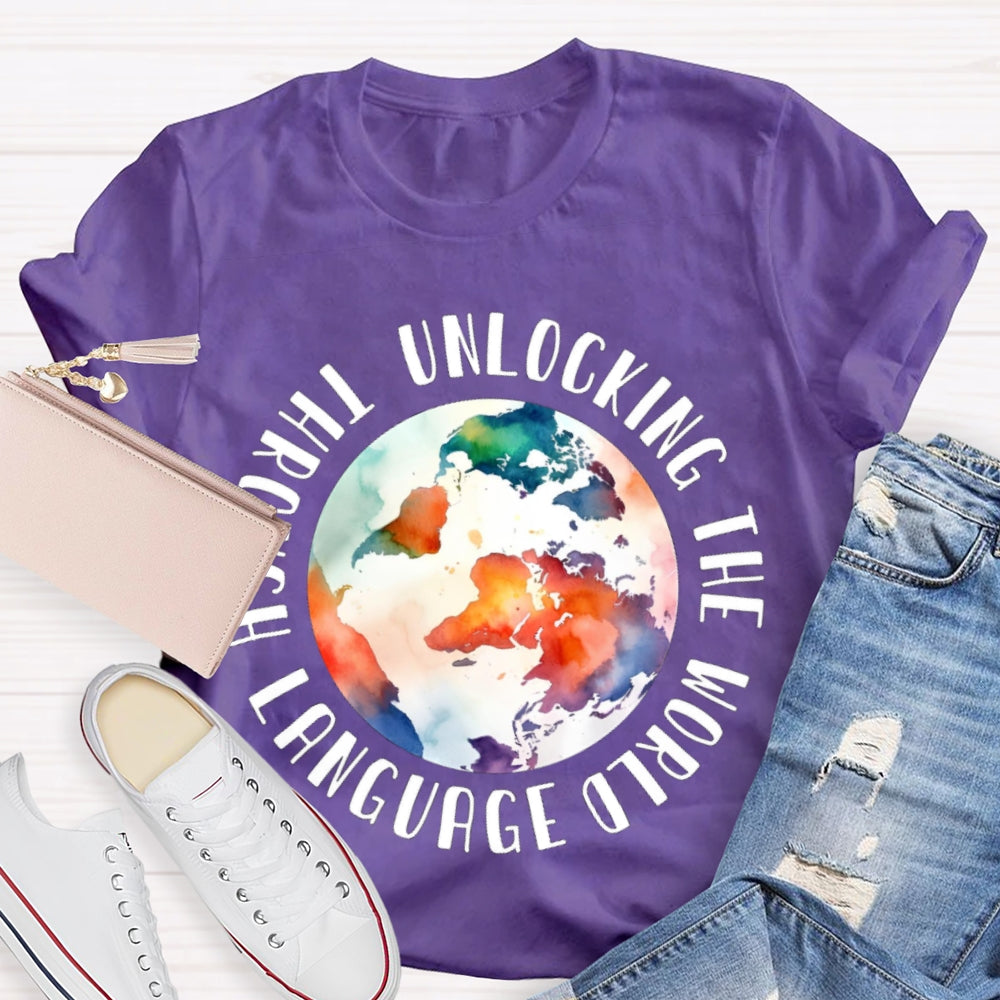 Unlocking the World Through Language Watercolor Earth T-shirt