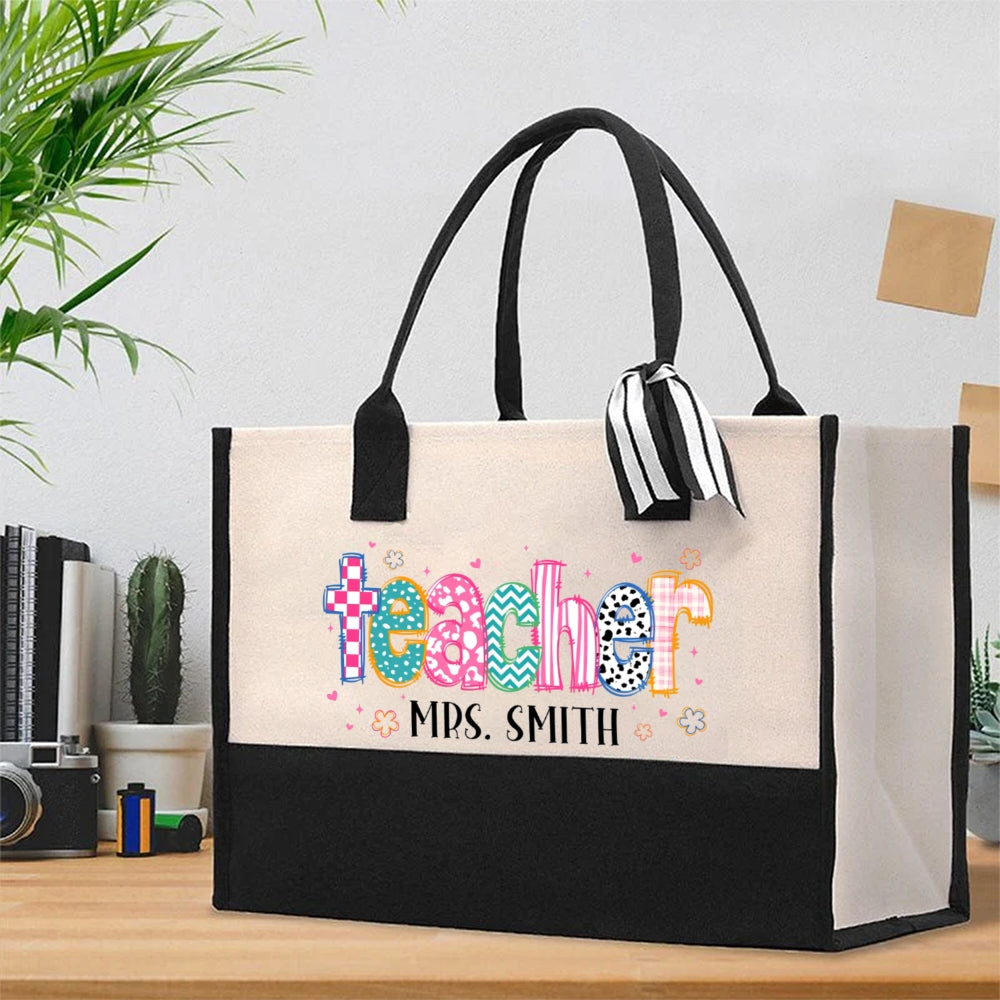 Personalized Teacher Name Pink Geometric Pattern Print Cotton Tote Bag