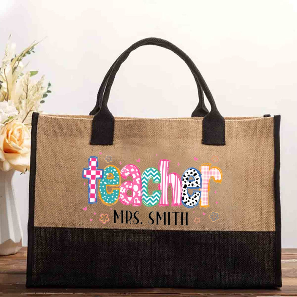 Personalized Teacher Name Pink Geometric Pattern Print Cotton Tote Bag