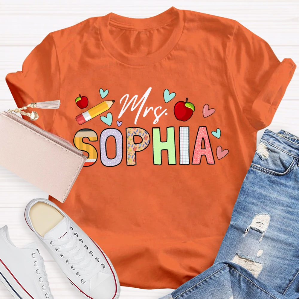 Personalized Name Apples And Heart Pattern Teacher T-shirt
