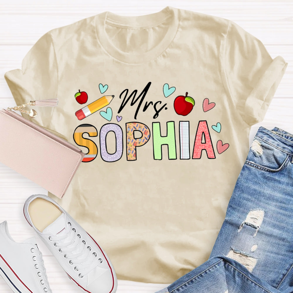 Personalized Name Apples And Heart Pattern Teacher T-shirt