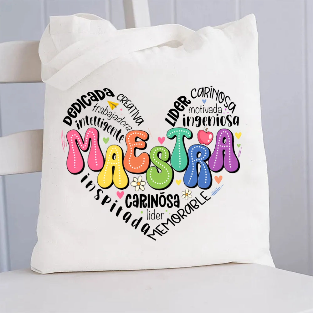 Maestra Spanish Heart Printed Teacher Tote Bag