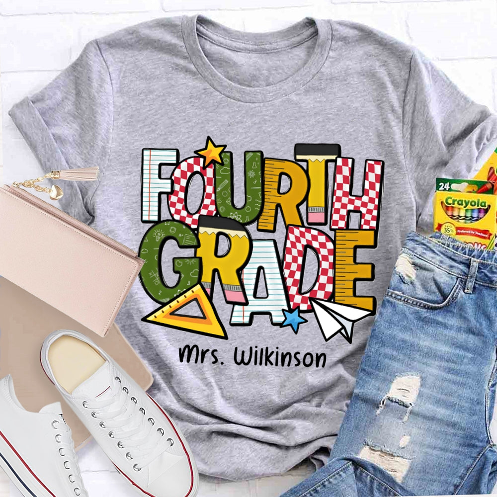 Personalized Name And Grade Fourth Grade Back To School Teacher T-shirt