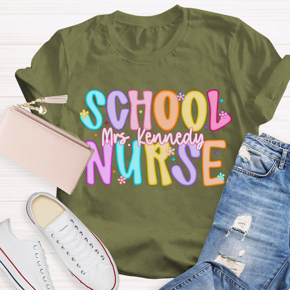 Personalized Name School Nurse Colorful Letters And Prints T-shirt