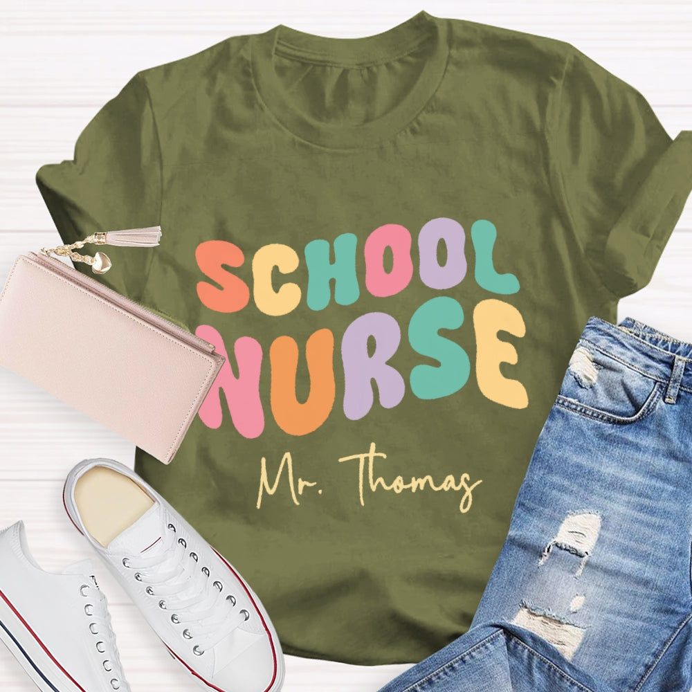 Personalized Name School Nurse Colorful Letters Design Printing T-shirt