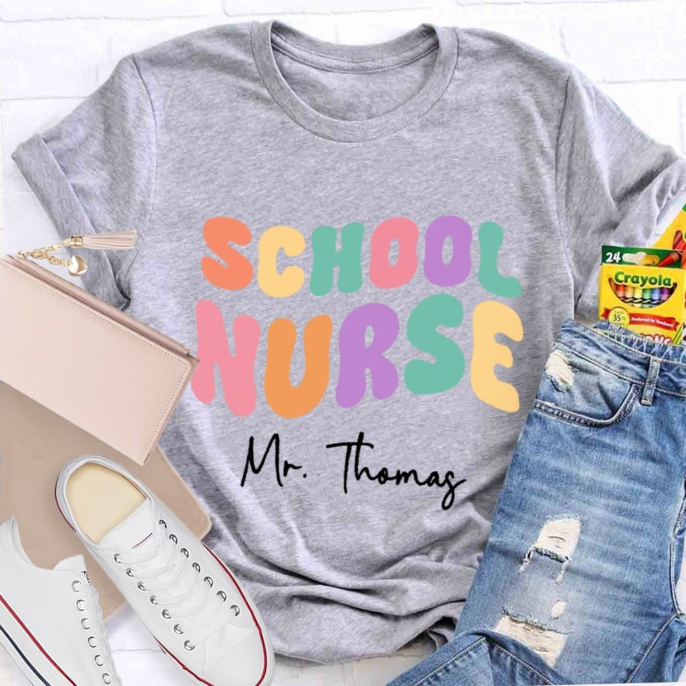 Personalized Name School Nurse Colorful Letters Design Printing T-shirt