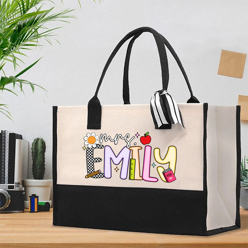 Personalized Name Checkerboard Emily Cotton Tote Bag
